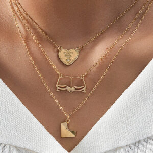 Wholesale 3 fashionable exquisite metal love book three-dimensional heart pendant literary temperament ladies necklace suit