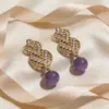 Wholesale Women’s Tassel Stud Earrings With Micro-Pavé Craft, 18K Real Gold Plated Brass Featuring February Birthstone Amethyst And UV Plating