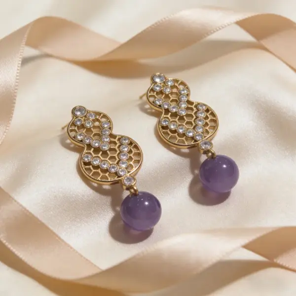 Wholesale Women’s Tassel Stud Earrings With Micro-Pavé Craft, 18K Real Gold Plated Brass Featuring February Birthstone Amethyst And UV Plating