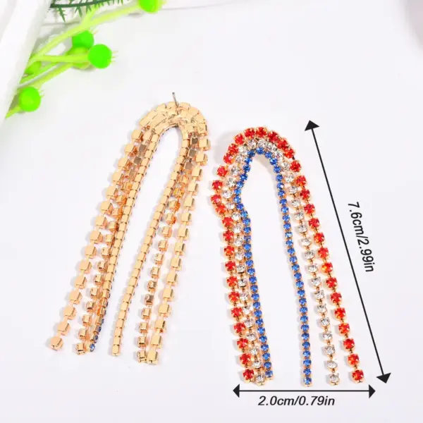 Wholesale National Flag Tassel Earrings In Copper With Golden Plated Water Plating And Rhinestone Inlay, 0.03µm Plating Thickness
