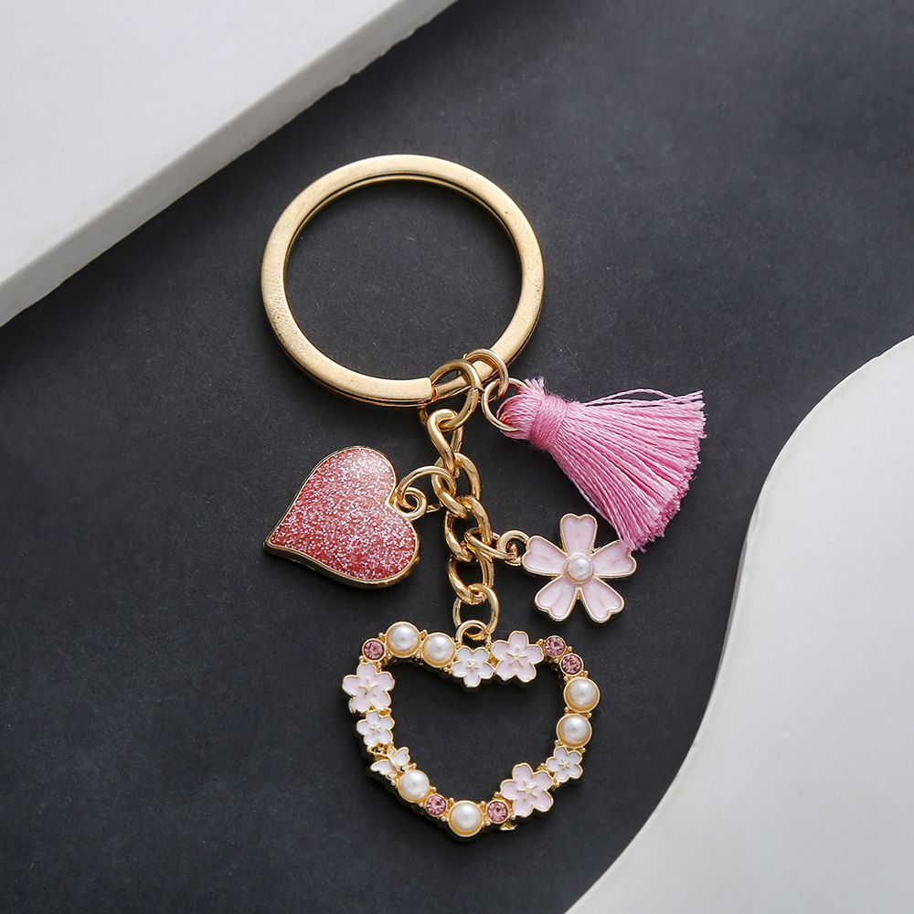 Wholesale AliExpress Explosions European and American Beautiful Girl Heart Pink Tassel Pearl Flower Love Keychain Jewelry Luggage Pendant