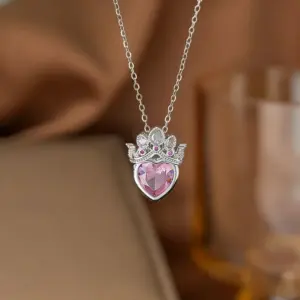 【8161】Pink Diamond Crown Necklace Silver
