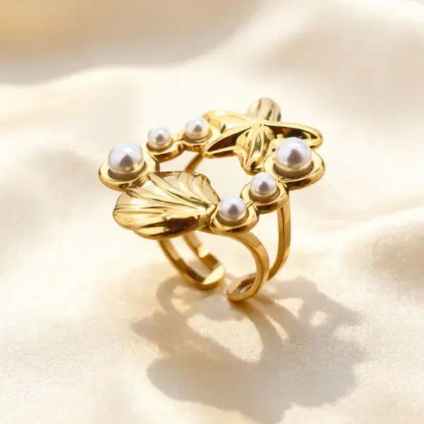 Wholesale Starfish Open Ring For Women In 304 Stainless Steel With 18K Real Gold Plating And Pearl Inlay, Marine Style