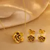 Wholesale Three-dimensional Flowers Jewelry Set In 304 Stainless Steel With 18K Gold Plated PVD Coating And Twisted Rope Chain