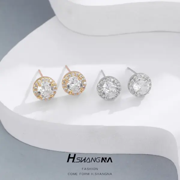 Wholesale Round Stud Earrings For Women With 925 Sterling Silver Posts, Copper Base, And 14K Real Gold Plated Featuring Zircon Inlay