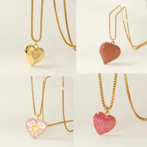 Wholesale Heart Shape Enamel Pendant Necklace For Women In 304 Stainless Steel With 14K Gold Plated PVD And Zircon, Box Chain