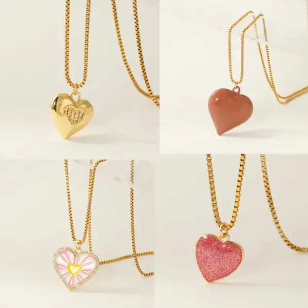 Wholesale Heart Shape Enamel Pendant Necklace For Women In 304 Stainless Steel With 14K Gold Plated PVD And Zircon, Box Chain
