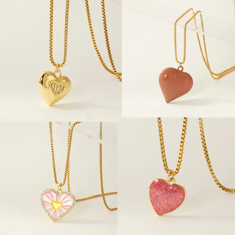 Wholesale Heart Shape Enamel Pendant Necklace For Women In 304 Stainless Steel With 14K Gold Plated PVD And Zircon, Box Chain