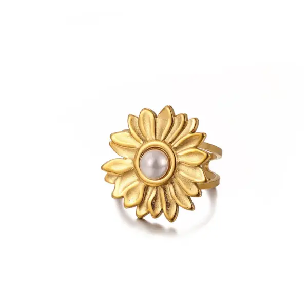 Wholesale Vintage Pearl Sunflower Ring French Style Stainless Steel Titanium Steel 18K Gold Plated Jewelry Accessories For Women