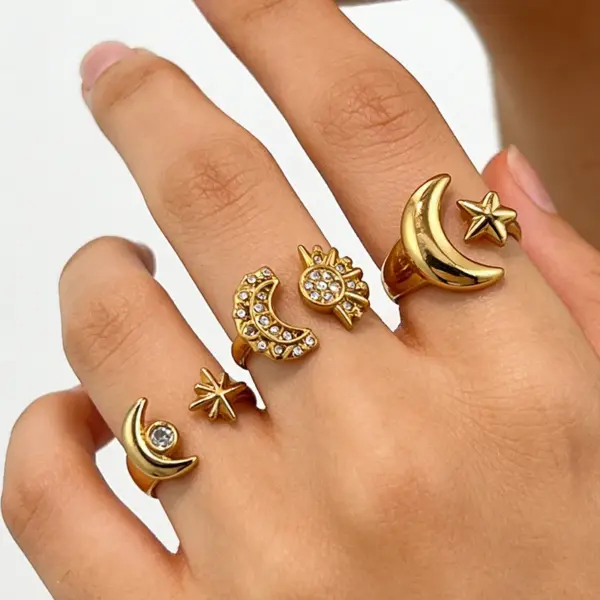 Wholesale Star Open Ring For Women, Waterproof Non Tarnish 304 Stainless Steel With 18K Real Gold Plated PVD Coating And Rhinestones Inlay
