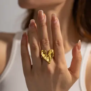 Wholesale PVD Coated Real Gold Plated Heart Shape 304 Stainless Steel IG Style Waterproof Non Tarnish Open Rings