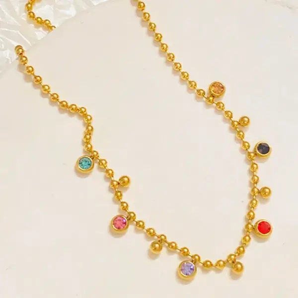 Wholesale 302 Stainless Steel 304 Stainless Steel Glass Round Ion Plating (IP) Artificial Rhinestones 18K Gold Plated Simple Style Classic Style Waterproof Non Tarnish Inlay Ball Chain Gold Necklace