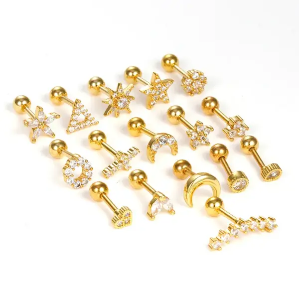 Wholesale 304 Stainless Steel Zircon Moon Heart Shape Flower Ear Studs