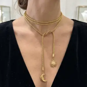 Wholesale Sun Long Necklace For Women, 304 Stainless Steel, 18K Gold Plated PVD Coated, Waterproof, Round Bead Chain