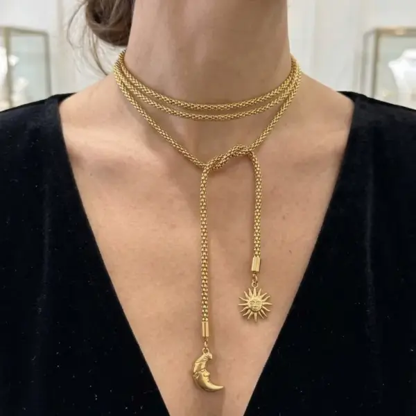 Wholesale Sun Long Necklace For Women, 304 Stainless Steel, 18K Gold Plated PVD Coated, Waterproof, Round Bead Chain