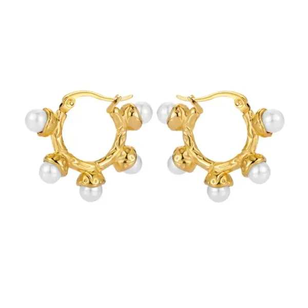 Wholesale British Retro Pearl Earrings Gold-Plated Stainless Steel Foldable Surface Geometric Hoop Rose Gold Titanium Steel Unisex