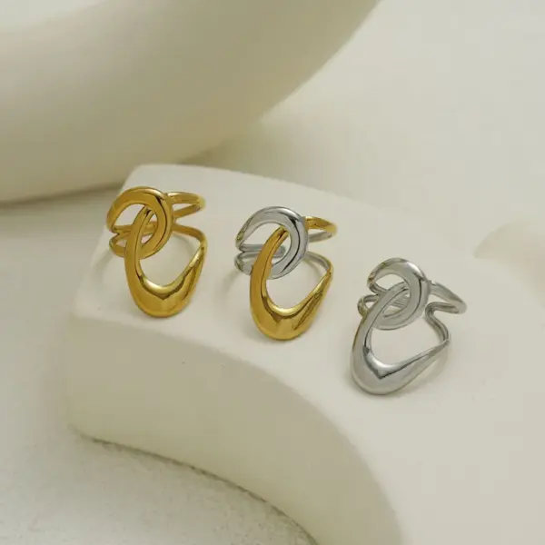 Wholesale Summer Ladies Geometric Lines Stainless Steel Ring Adjustable Size Vacuum Plated 18K Gold Elegant French Style Jewelry Accessory