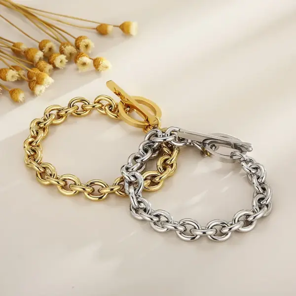 Wholesale 304 Stainless Steel Geometric PVD Coated 18K Real Gold Plated Fashion Waterproof Non Tarnish Plating O-shaped Chain Gold Bracelets Necklace