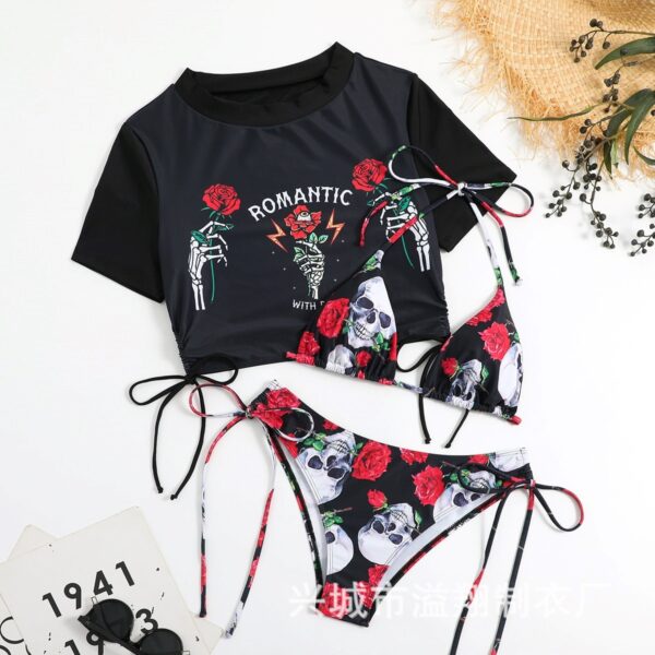 oly-15a11864cbff2f367275c5903bd9d52a Wholesale Explosions Sexy Ladies Swimsuit Three-piece Set Rose Skull Fixed Edition Printing Neck Drawstring