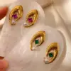 Wholesale Drapey Micro Inlaid Pearl Zirconia Three-Dimensional Titanium Steel Vacuum Electroplated (Fired) Earrings