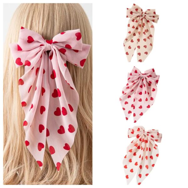 Wholesale  heart-shaped printed bow ribbon spring clip Valentine sweet hair clip creative hair accessories