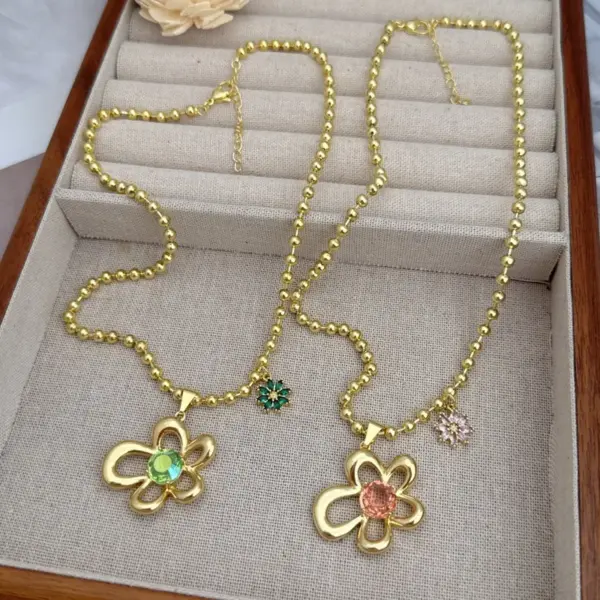 Wholesale Jewelry Classic Style Flower Copper Zircon 18K Gold Plated Plating Ball Chain Pendant Necklace