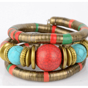 Turquoise red and blue bronze multi-layer bracelet