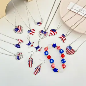 Wholesale Fashion Simple American Independence Day Rhinestone Wings Heart-shaped Pendant Alloy Necklace Set