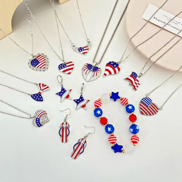 oly-1667730c4089a226a8263a44a29a6403 Wholesale Fashion Simple American Independence Day Rhinestone Wings Heart-shaped Pendant Alloy Necklace Set