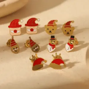Wholesale 1 Pair Cute Romantic Sweet Santa Claus Enamel 304 Stainless Steel 14K Gold Plated Ear Studs