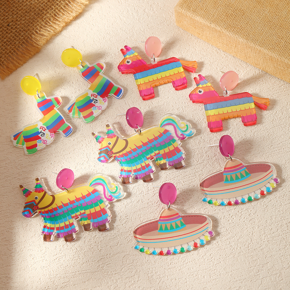 Wholesale Mexican Carnival tassel hat rainbow horse oil painting music festival printed earrings acrylic personalized earrings