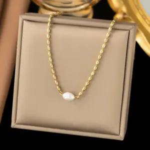 [Xlh39] Pearl Bean Chain Necklace / Gold