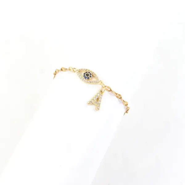 Wholesale Fashionable Initial Pendant Zircon Devil's Eye Stainless Steel Gold Color Women's Bracelet Lip Chain Simple Style Everyday Wear
