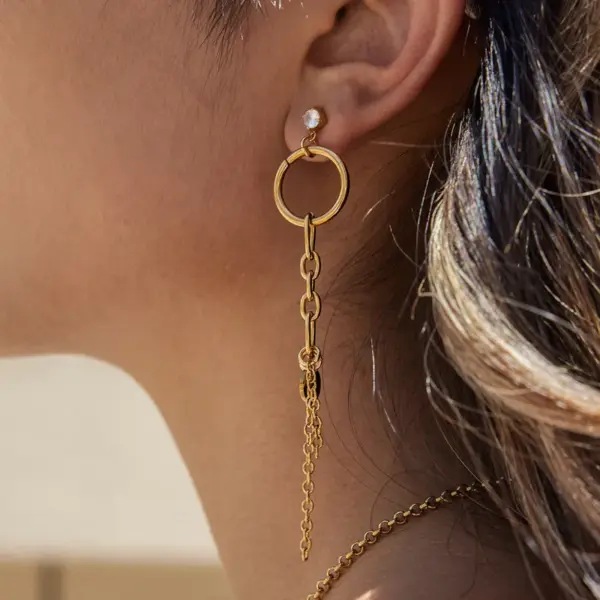 Wholesale Women's Classic Style 18K Gold Plated 304 Stainless Steel Vacuum Electroplated Geometric Color-Block Waterproof Non-Fading Asymmetric Chain Tassel Earrings Set