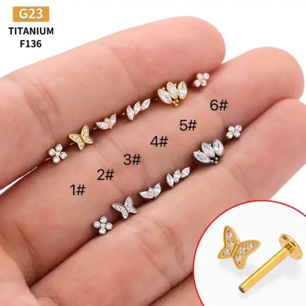 Wholesale 1 Piece Lip Rings Simple Style Commute Crown Butterfly Titanium Steel Inlay Zircon 18K Gold Plated Ear Cartilage Rings & Studs
