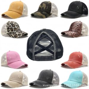 Wholesale Foreign Trade Cross Mesh Washed Ponytail Baseball Cap Women's Summer Spring and Autum Light Plate Old Outdoor Sun Protection Cap Peaked Cap