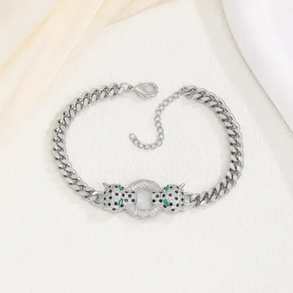 Wholesale Unisex Micro-Paved Zircon Copper Bracelet Double Leopard Head Cuban Chain Punk Style True Gold Plated Hip Hop Jewelry