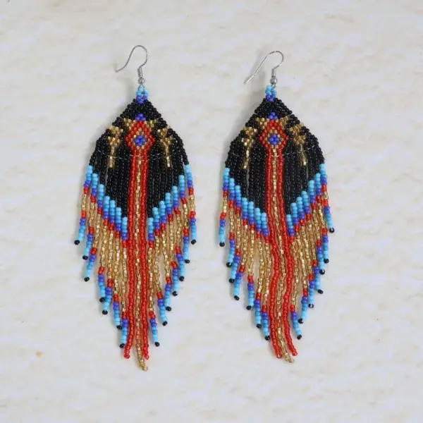 Wholesale Bohemian Long Tassel Earrings Handmade Beaded Women's Party Jewelry Geometric Shape Ethnic Style Triangle And Ring Craft