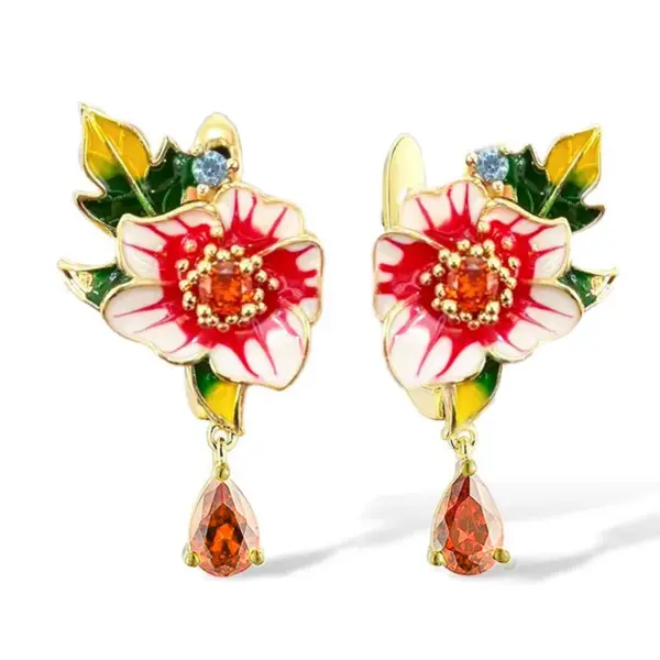 Wholesale Women’s Flowers Drop Earrings With Claw Setting, Copper Base With KC Golden Water Plating, Inlaid Zircon Stones