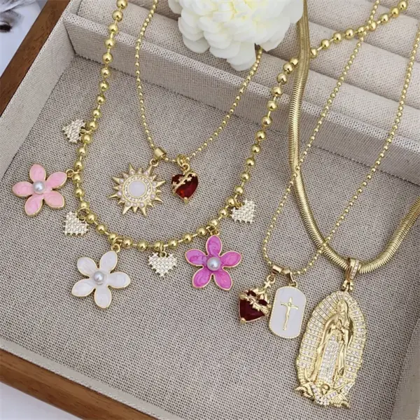 Wholesale Jewelry Simple Style Classic Style Cross Heart Shape Flower Copper Zircon 18K Gold Plated Inlay Ball Chain Multi Charms Necklace