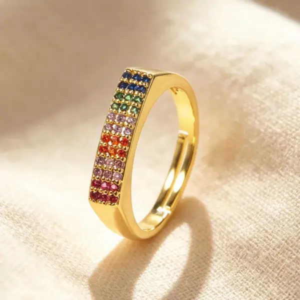 Wholesale Women’s Rectangle Claw Setting Ring In Brass With 18K Real Gold Water Plating And Zircon Inlay