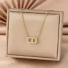 Wholesale Women’s Letter Pendant Necklace With Inlay Artificial Rhinestones, 18K Real Gold Plated Copper, Water Plating On Cable Chain
