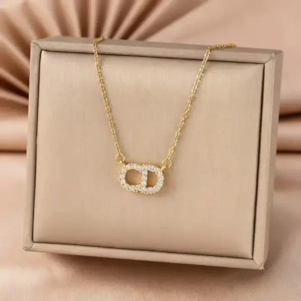 Wholesale Women’s Letter Pendant Necklace With Inlay Artificial Rhinestones, 18K Real Gold Plated Copper, Water Plating On Cable Chain