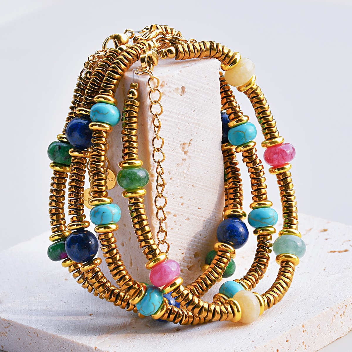 Wholesale European and American Colorful Tourmaline Beaded Titanium Steel Bracelets for Women That Do Not Fade Niche High-End Natural Stone Bracelets