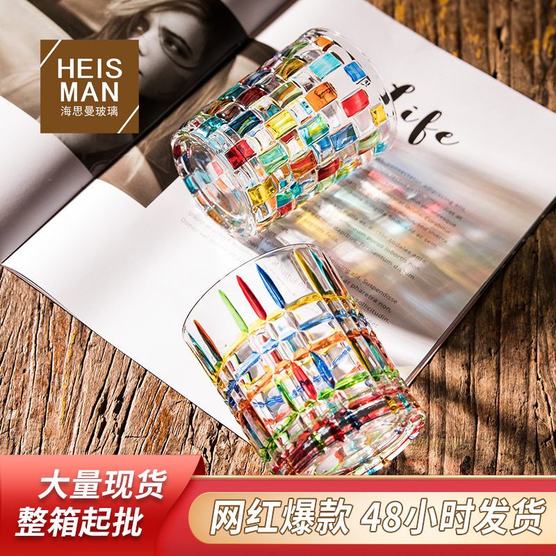 Wholesale European-style Contrasting Color Whisky Glass Hand-painted Color Glass Creative Painted Water Glass Bar Spirits Glass Foreign Wine Glass