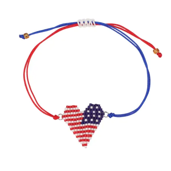 Wholesale Handmade Beaded Bracelet American Flag Independence Day Adjustable No Buckle Rope Bracelet Unisex Black White Red