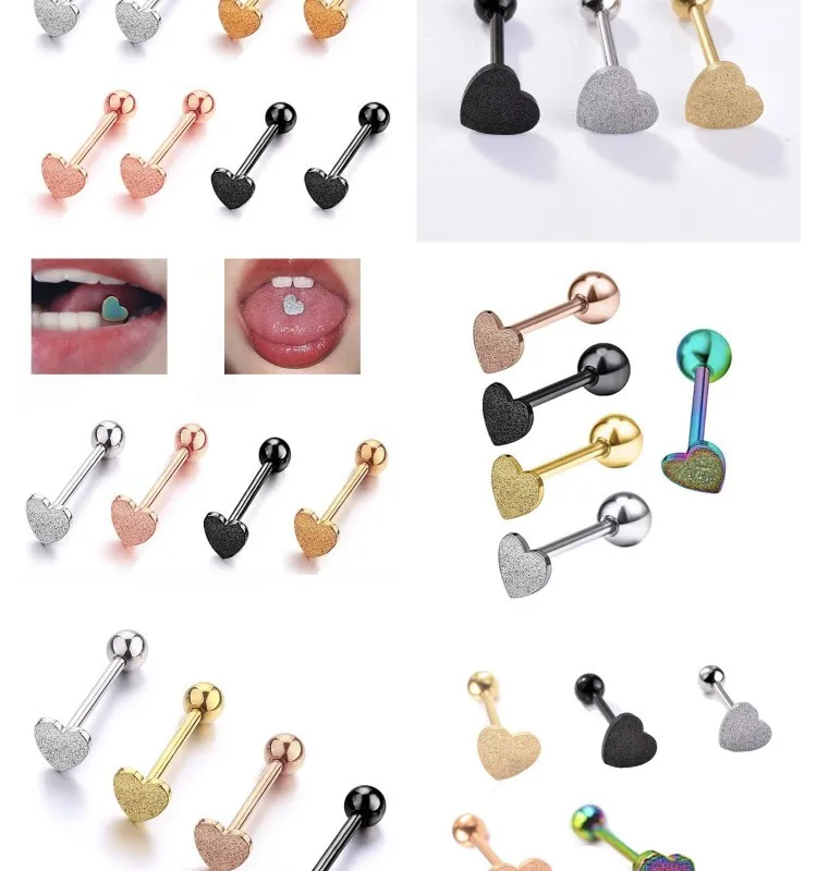 Wholesale Matte Heart Shaped Tongue Studs Multi-Colored Electroplated Piercing Jewelry For Men And Women Stainless Steel Lip Decorations