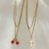 Wholesale Simple Style Double Layer Cross Necklace For Women With Enamel Craft And Electroplated Gold Plating On Cable Chain