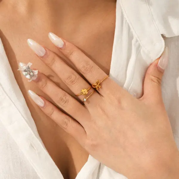 Wholesale 304 Stainless Steel Flower Bow Knot PVD Coated Zircon 18K Gold 18K Real Gold Plated IG Style Simple Style Waterproof Non Tarnish Inlay Gold Open Rings