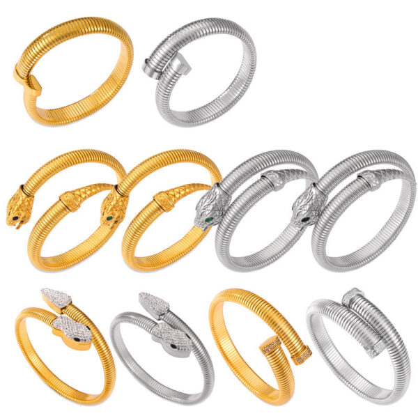 oly-19523cbf8d58350d6f9666d5203b3075 Wholesale Fashion Commuter Elastic Goose Throat Chain Design Sense Opening Bracelet Diamond-encrusted Spirit Snake Shape Titanium Steel Gold-plated Jewelry suit